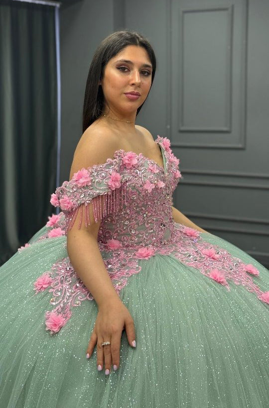 Vestidos de quinceañera estilo princesa con hombros descubiertos, tul verde y flores 3D, vestidos de fiesta HE438