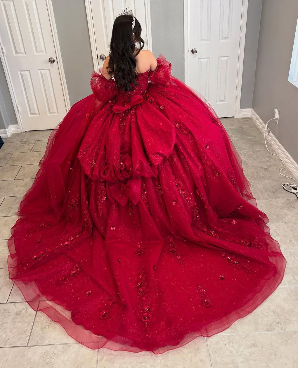 Glittery Tulle Lace Beaded Off Shoulder Red Quinceanera Dresses for Sweet 16 HE818