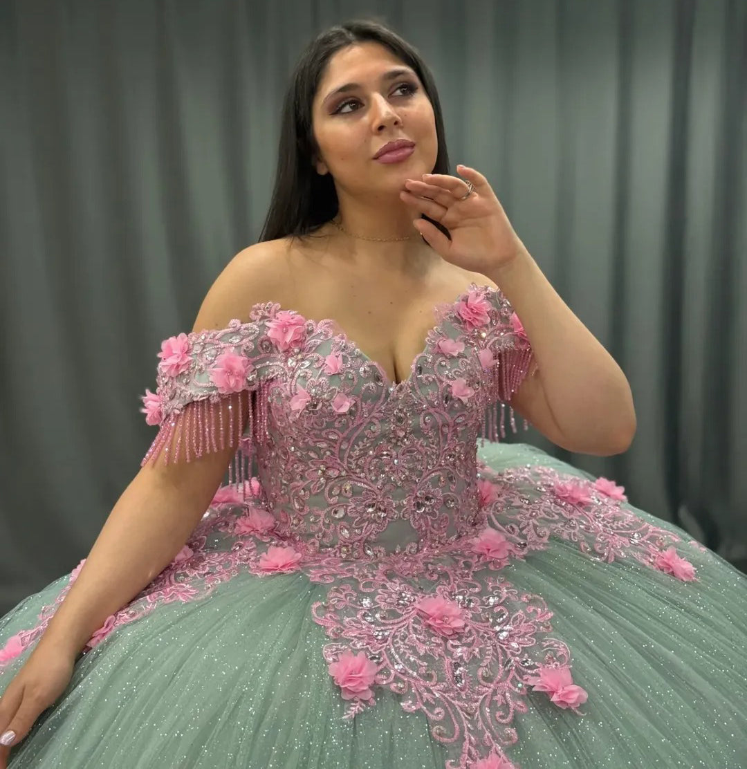 Vestidos de quinceañera estilo princesa con hombros descubiertos, tul verde y flores 3D, vestidos de fiesta HE438
