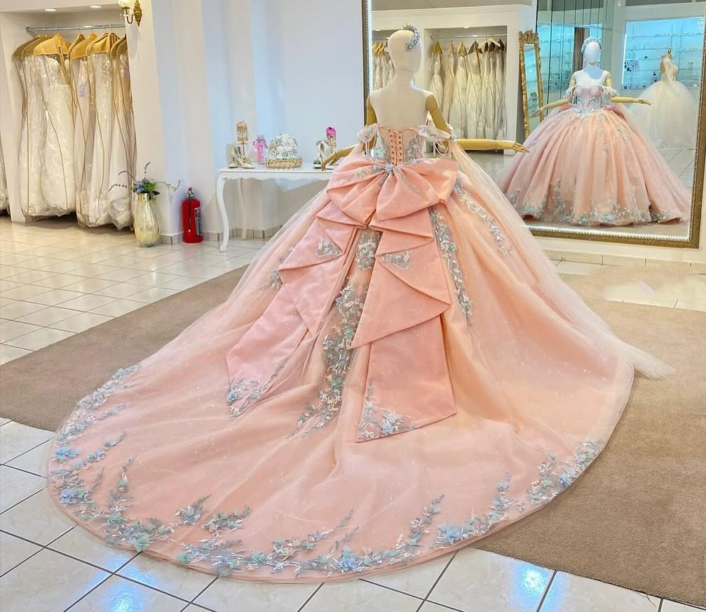 Off Shoulder Princess Tulle Appliqued 3d Flowers Quinceanera Dresses with Bow HE695