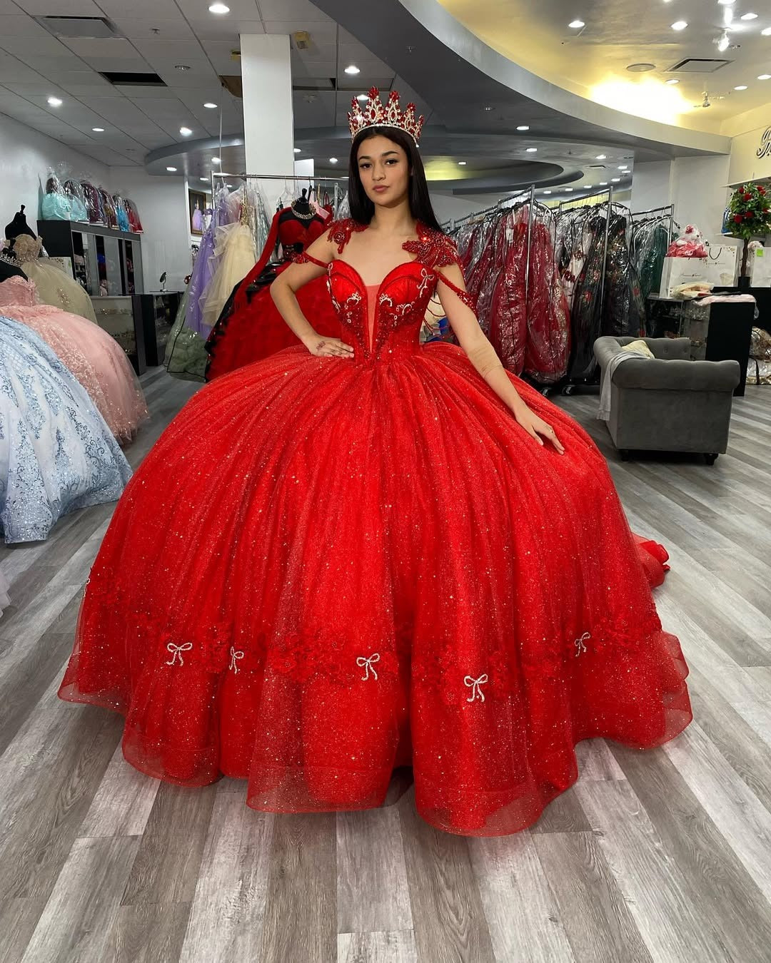 Vestidos de quinceañera de princesa rojos con tul brillante y apliques, vestidos de fiesta HE520