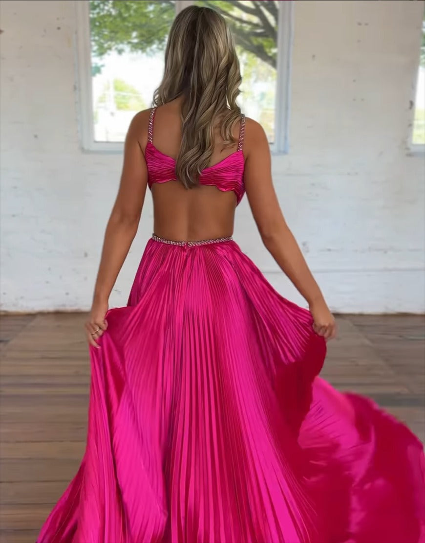 HE027-Vestidos de fiesta largos metalizados de corte A para mujer, vestidos de noche con abertura lateral, vestidos de fiesta de talla grande con escote en V y pliegues