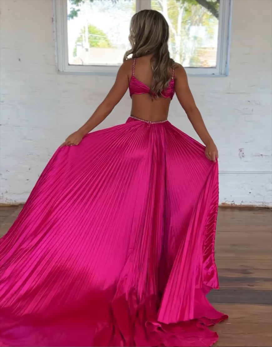 HE027-Vestidos de fiesta largos metalizados de corte A para mujer, vestidos de noche con abertura lateral, vestidos de fiesta de talla grande con escote en V y pliegues