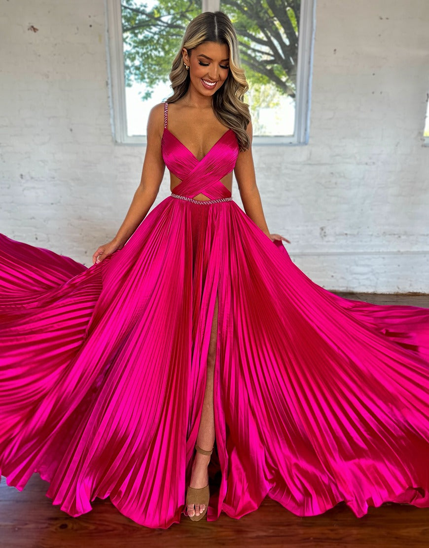 HE027-Vestidos de fiesta largos metalizados de corte A para mujer, vestidos de noche con abertura lateral, vestidos de fiesta de talla grande con escote en V y pliegues