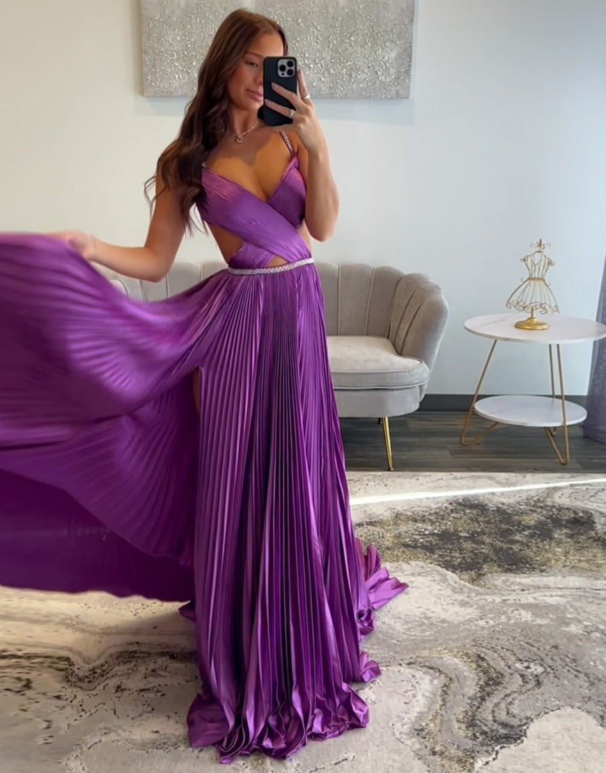 HE027-Vestidos de fiesta largos metalizados de corte A para mujer, vestidos de noche con abertura lateral, vestidos de fiesta de talla grande con escote en V y pliegues