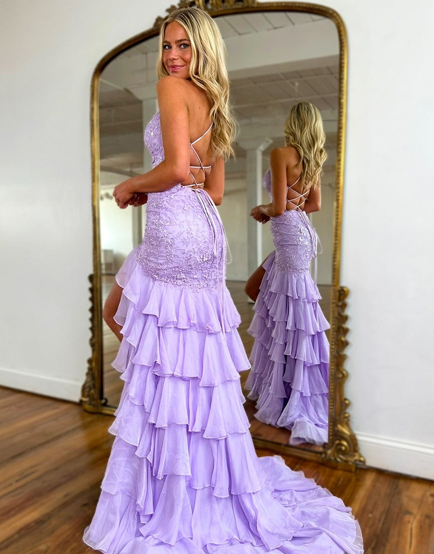HE181-Women's Mermaid Chiffon Ruffles Prom Dresses Long Lace Appliqued Evening Gowns Sexy Backless Party Dresses with Slit