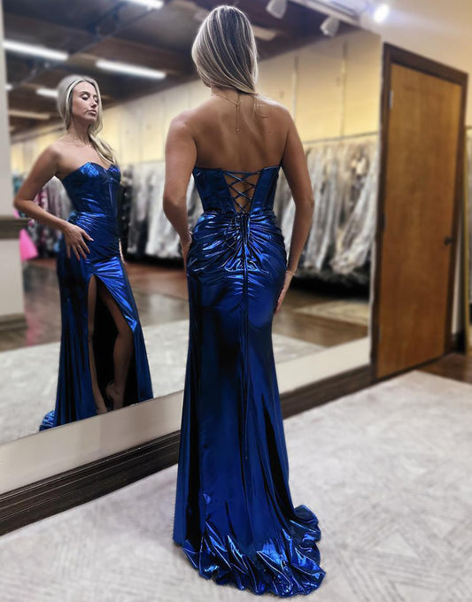 Glitter Metallic Long Prom Dress Sweetheart Corset Plus Size Evening Gowns with Slit HE014