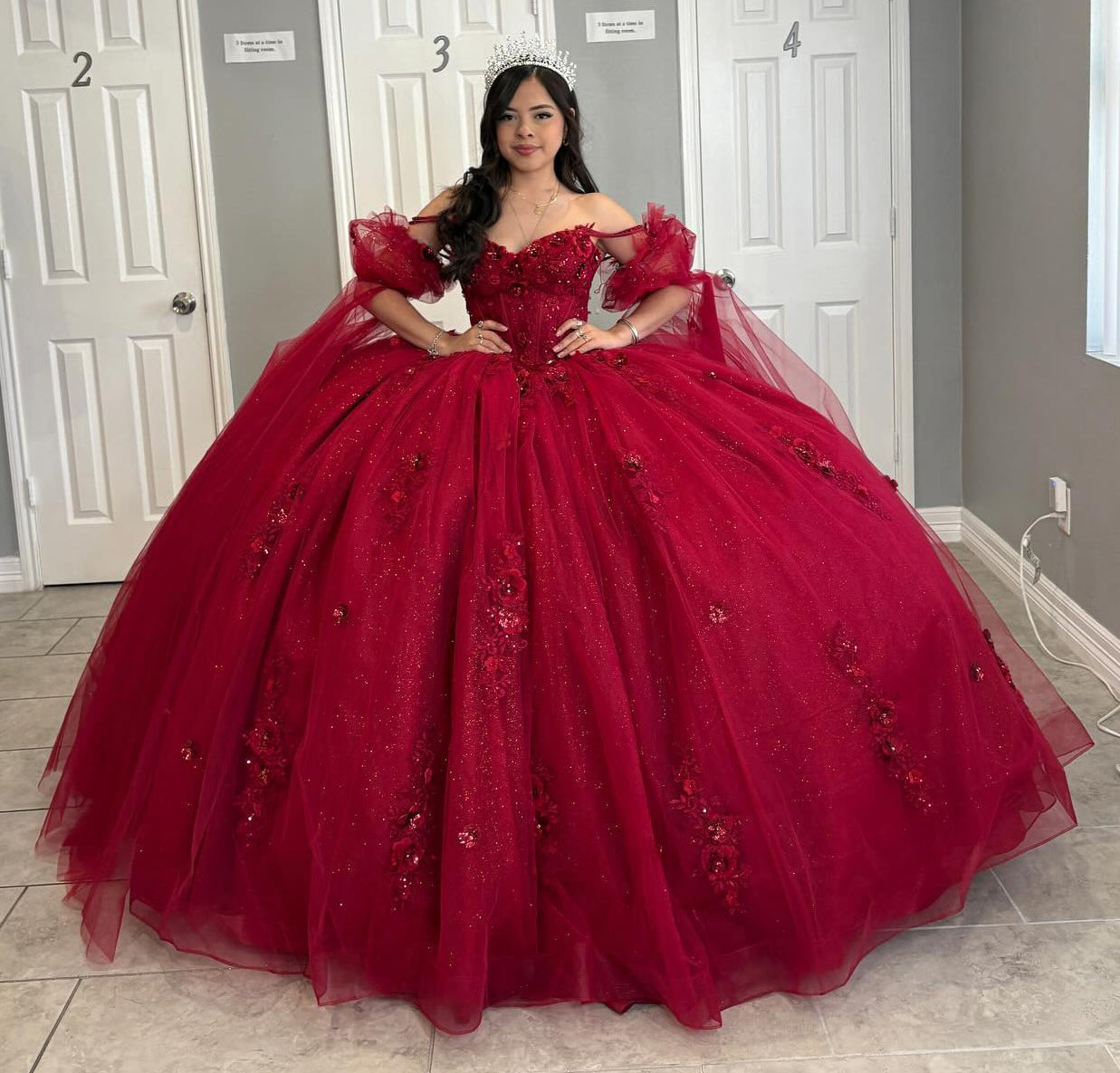 Glittery Tulle Lace Beaded Off Shoulder Red Quinceanera Dresses for Sweet 16 HE818
