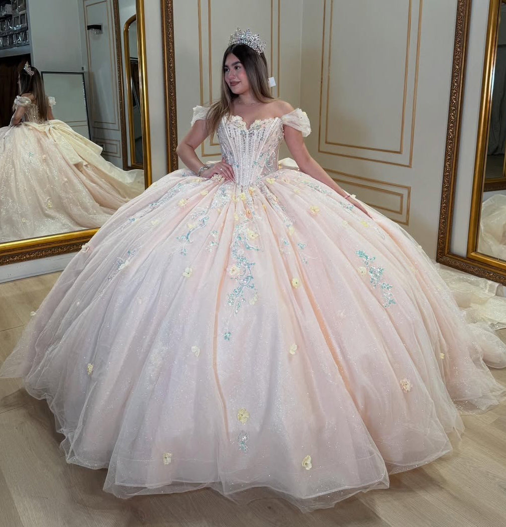 Vestidos de quinceañera con hombros descubiertos, tul princesa, apliques, vestidos de quinceañera HE530
