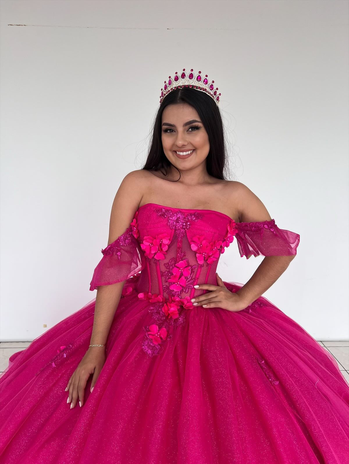 Fuchsia Glittery Tulle Princess Ball Gown Appliqued Beaded Quinceanera Dresses HE694