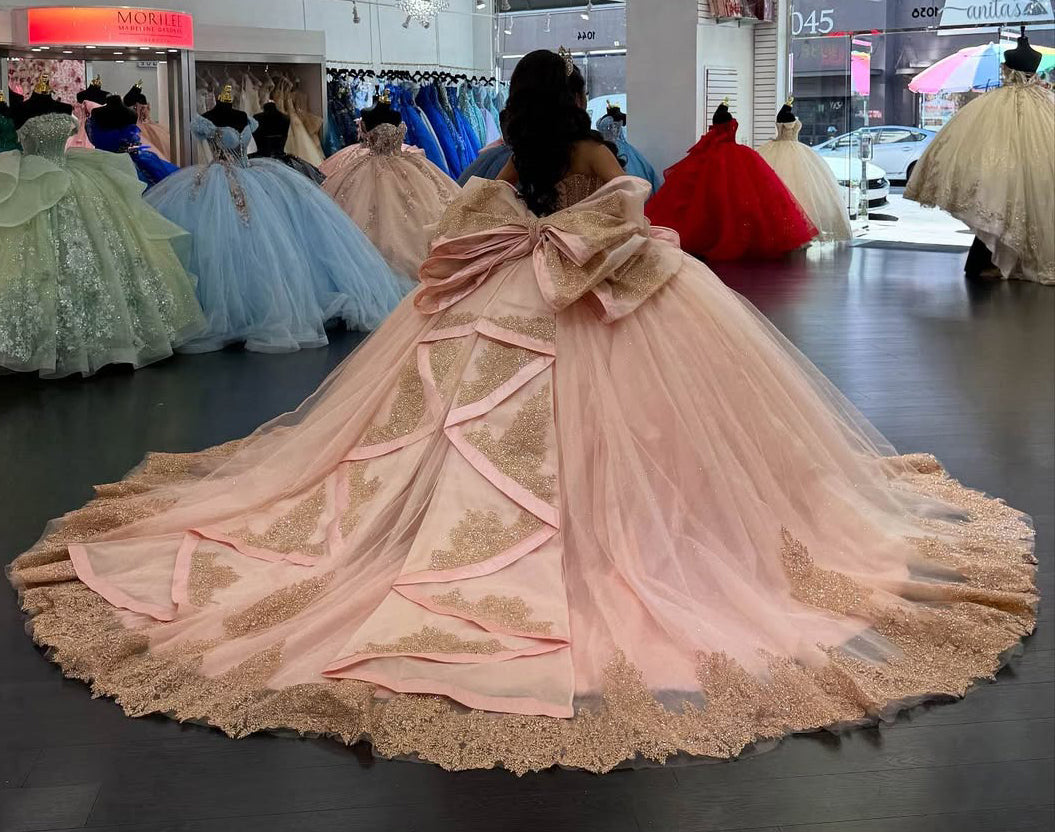 Vestidos de quinceañera con hombros descubiertos, tul princesa, apliques, vestidos de quinceañera HE530