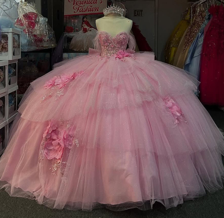 Off Shoulder Princess Tulle 3d Flowers Pink Quinceanera Dresses for Sweet 16 HE808