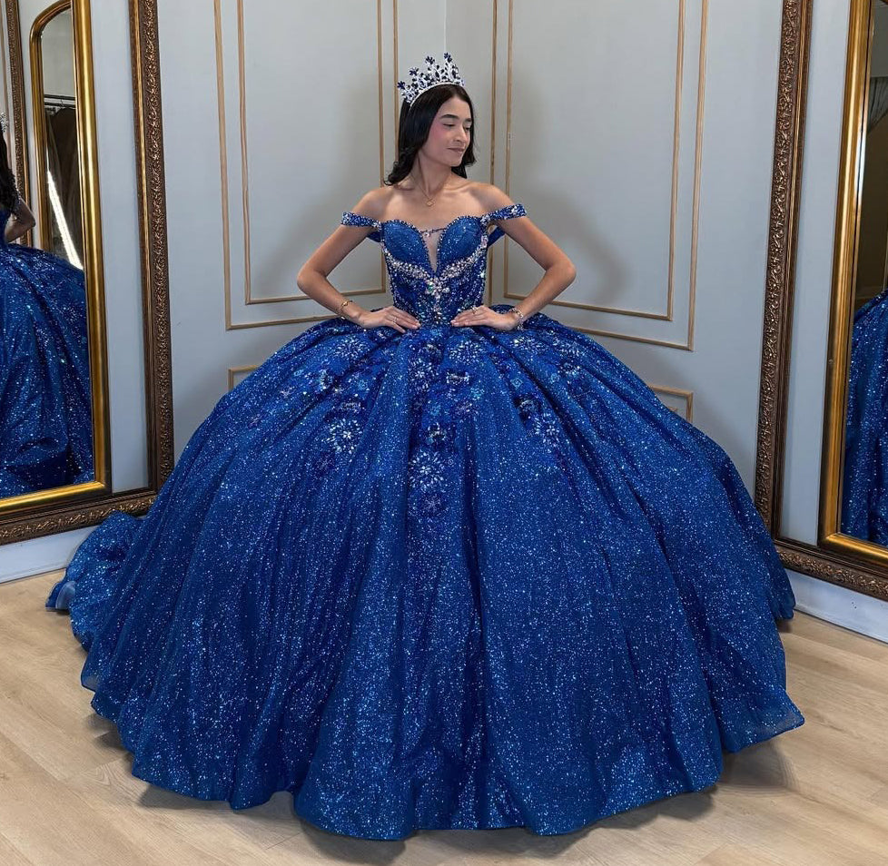 Glittery Tulle Lace Beaded Ball Gown Quinceanera Dresses for Sweet 16 HE686