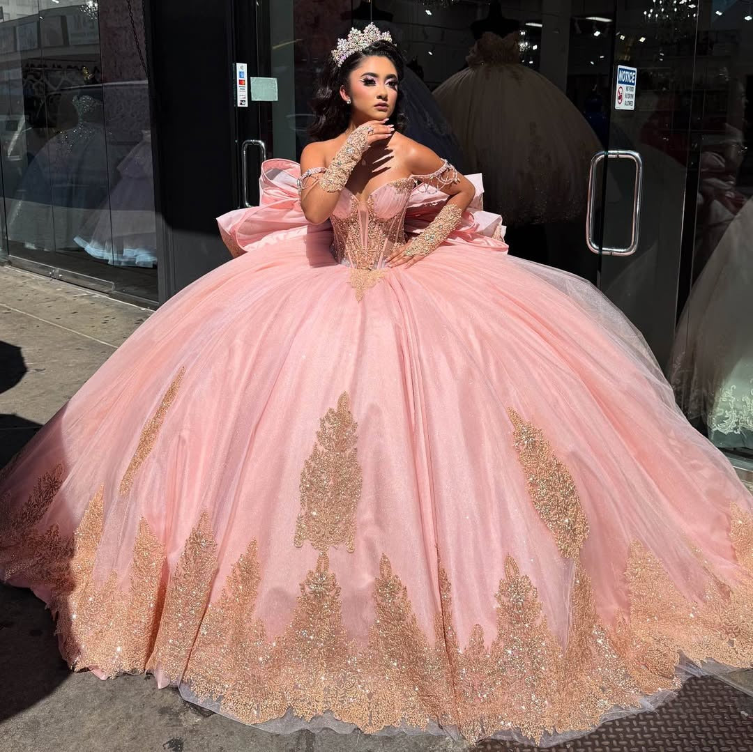 Vestidos de quinceañera con hombros descubiertos, tul princesa, apliques, vestidos de quinceañera HE530