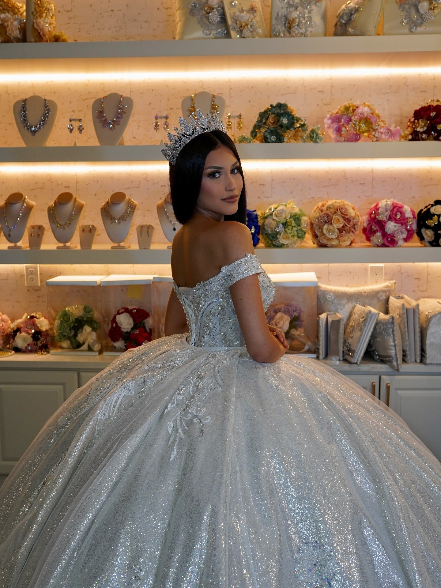Vestidos de quinceañera estilo princesa con hombros descubiertos y apliques de tul brillante, vestidos de fiesta HE505
