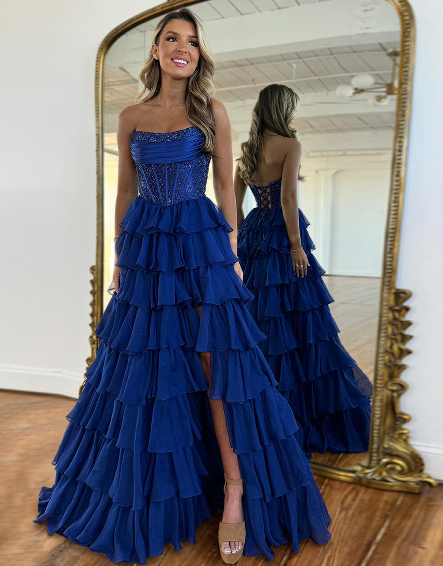 Sparkly A-Line Long Prom Dresses Strapless Corset Ruffles Evening Gowns HE017