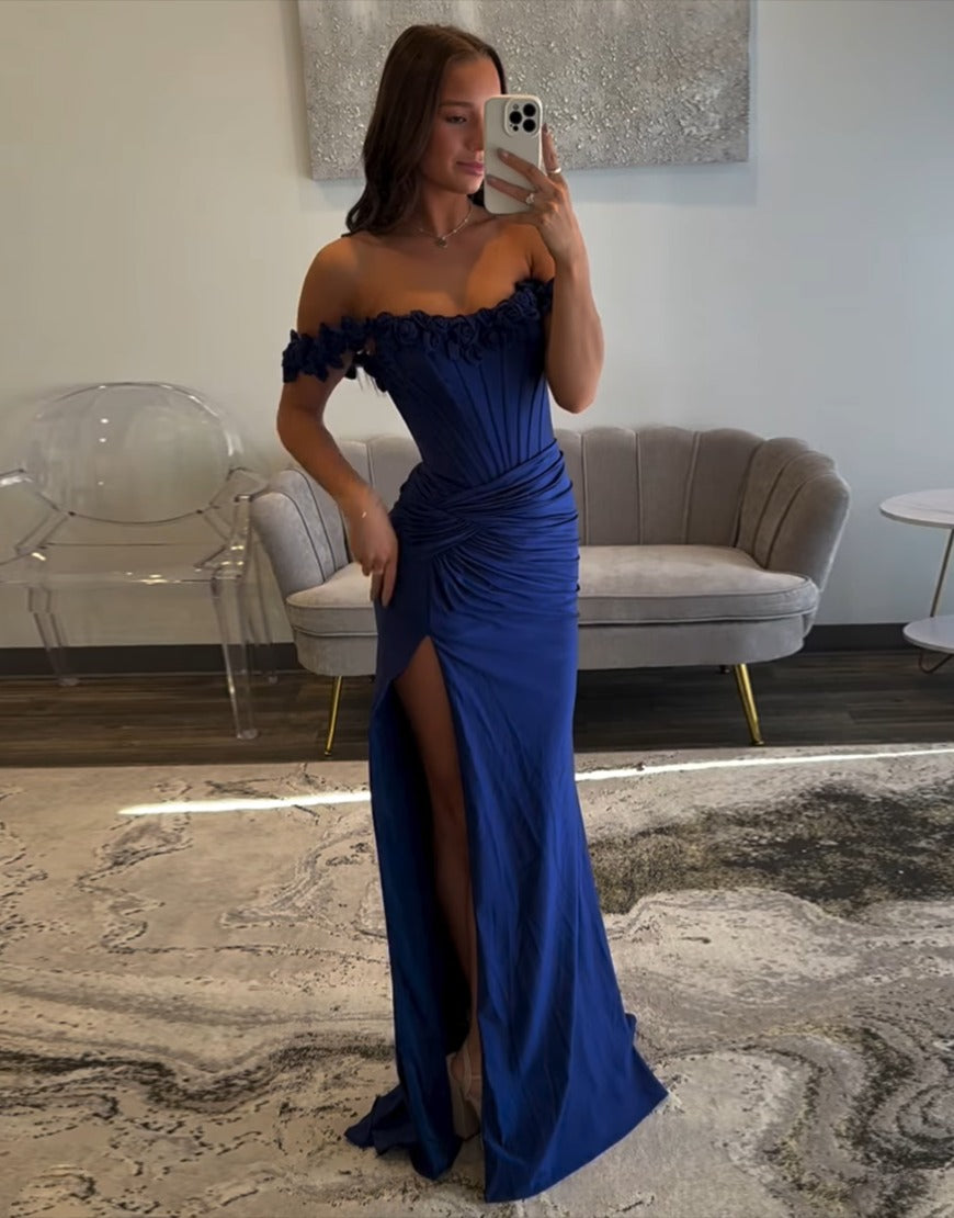 HE032-Light Blue Corset Slit Long Prom Dress with 3D Flowers Off the Shoulder Sheath Evening Gowns