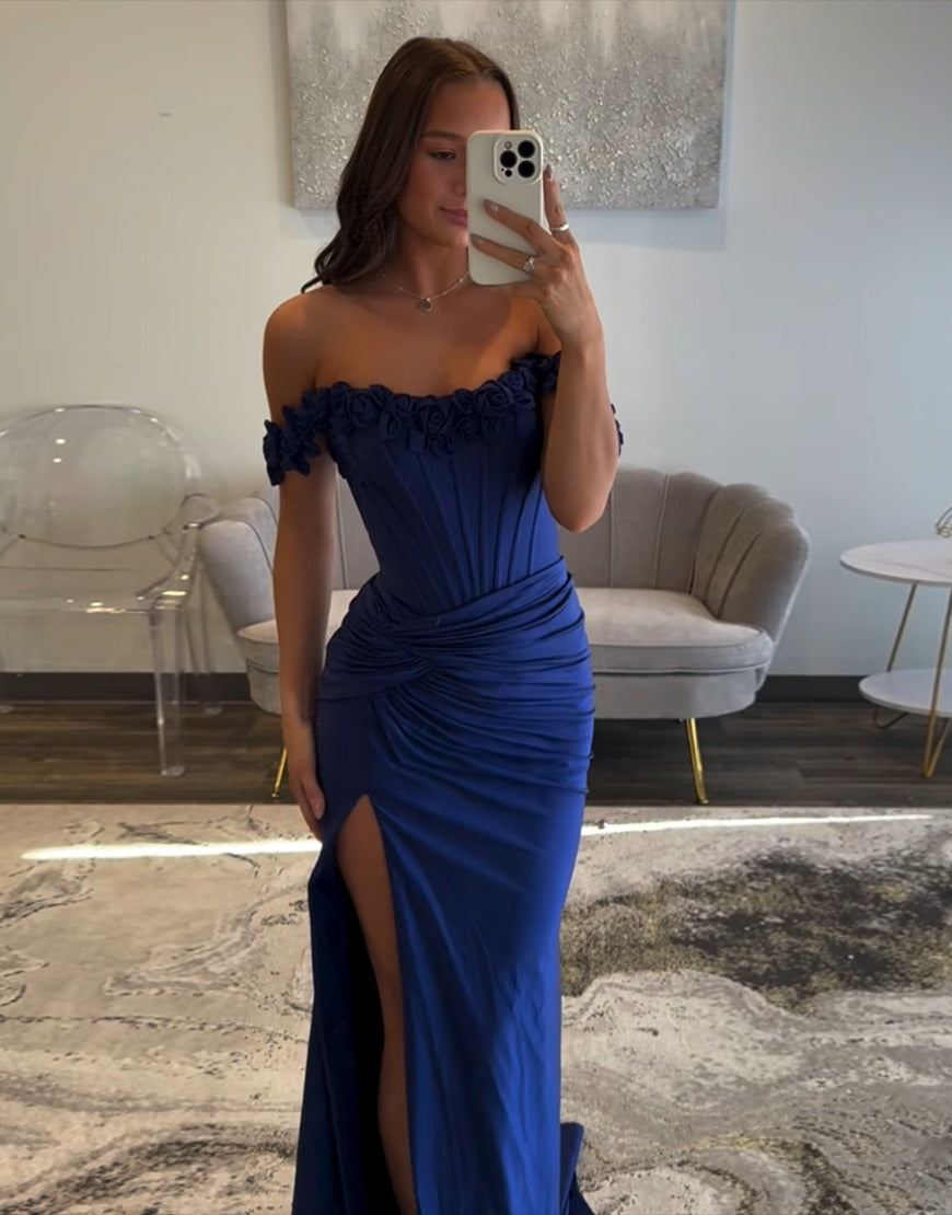 HE032-Light Blue Corset Slit Long Prom Dress with 3D Flowers Off the Shoulder Sheath Evening Gowns