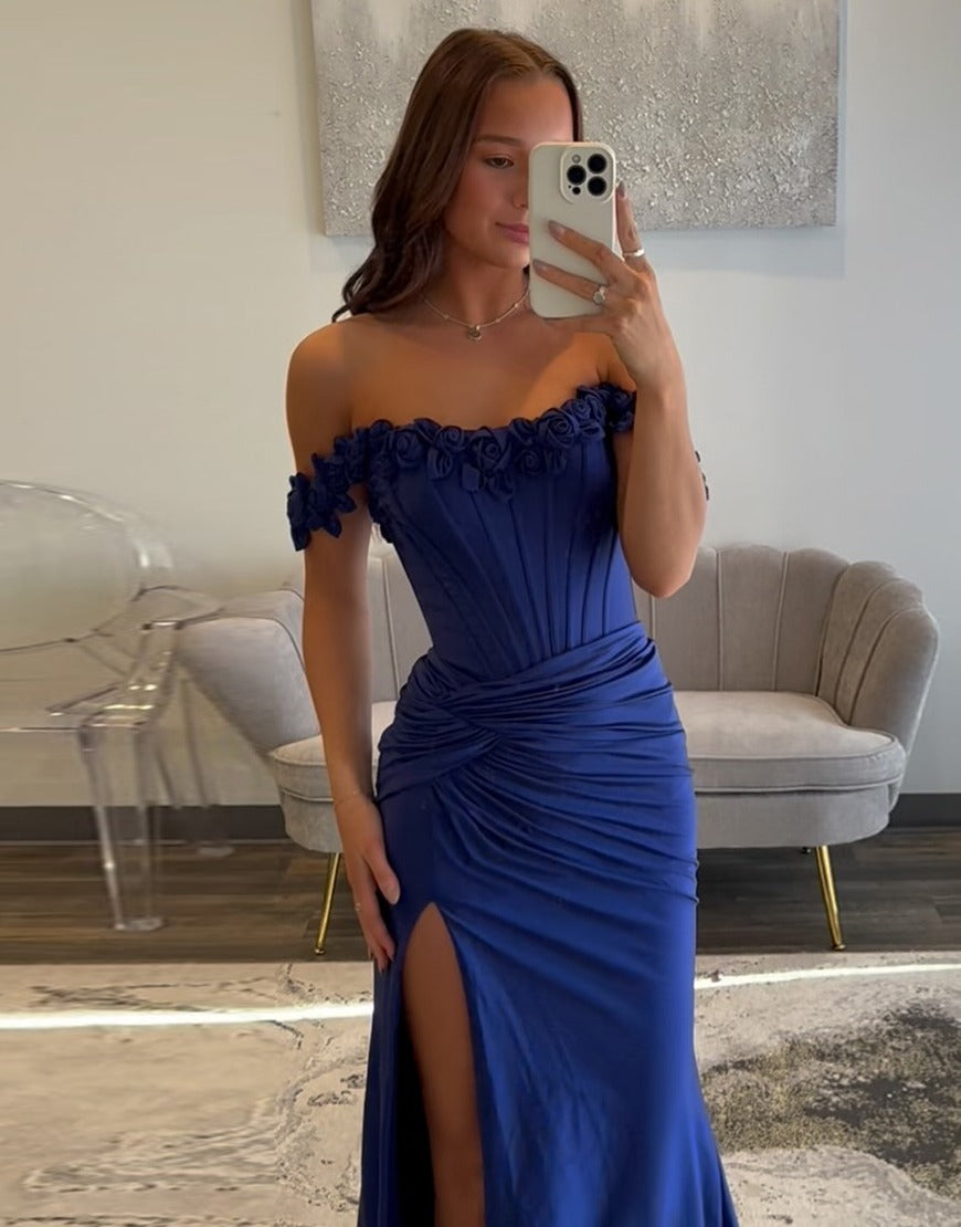 Light Blue Corset Slit Long Prom Dress with 3D Flowers Sheath Evening Gowns HE032