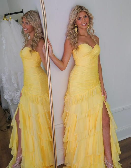 Chiffon Long Prom Dress Strapless Ruffles Evening Formal Party Dresses with Slit HE041