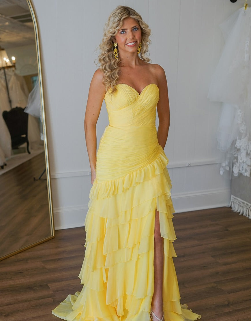 Chiffon Long Prom Dress Strapless Ruffles Evening Formal Party Dresses with Slit HE041