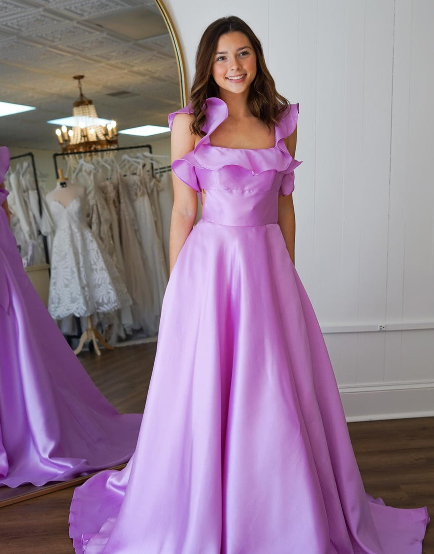 HE034-Vestido de fiesta de satén de corte A, largo con lazo grande, talla grande, elegante, para noche, banquete, para mujer