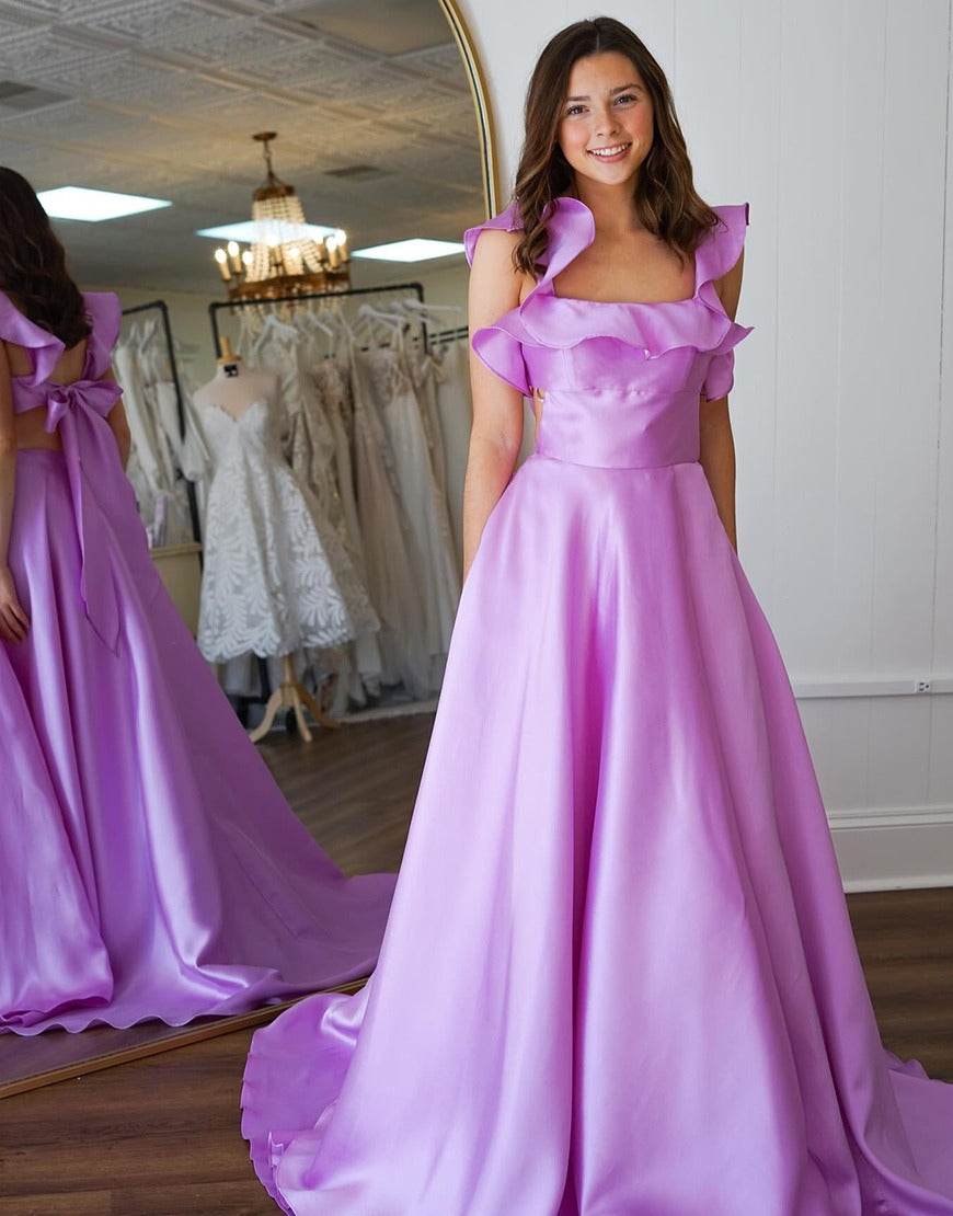 HE034-Vestido de fiesta de satén de corte A, largo con lazo grande, talla grande, elegante, para noche, banquete, para mujer