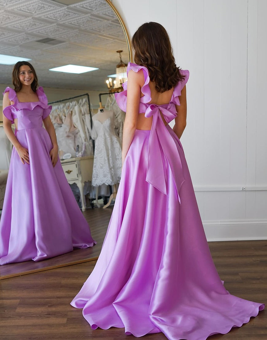 HE034-Vestido de fiesta de satén de corte A, largo con lazo grande, talla grande, elegante, para noche, banquete, para mujer