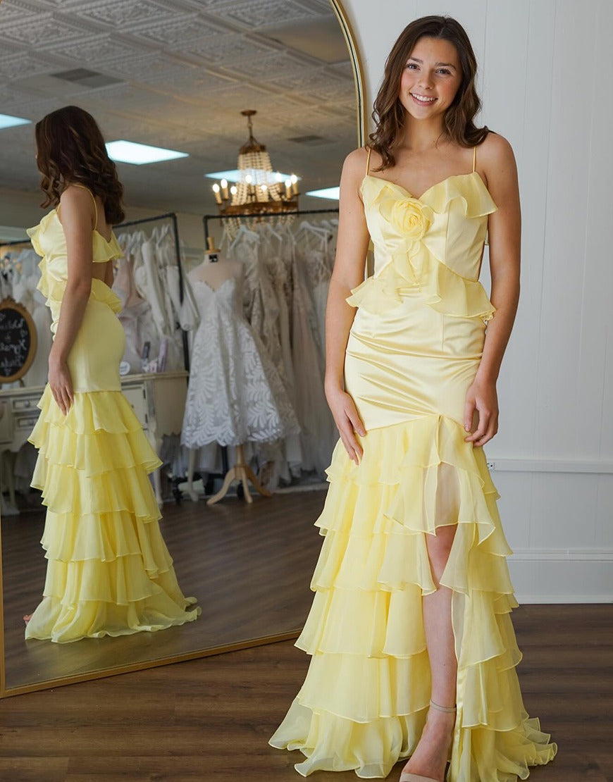 Sheath Long Prom Dress for Women Chiffon Ruffles Flower Evening Gowns with Slit HE040