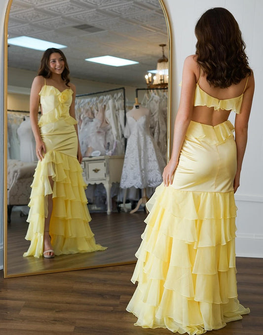 Sheath Long Prom Dress for Women Chiffon Ruffles Flower Evening Gowns with Slit HE040