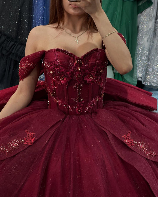 Burgundy Ball Gown Quinceanera Dresses Sweet 16 Tulle Ruffles Party Gowns HE511