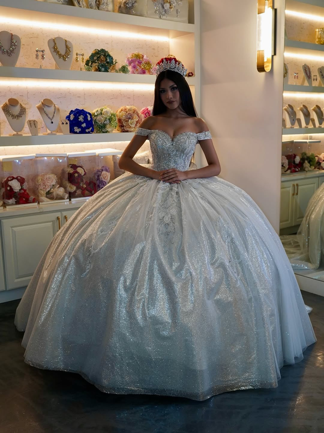 Vestidos de quinceañera estilo princesa con hombros descubiertos y apliques de tul brillante, vestidos de fiesta HE505