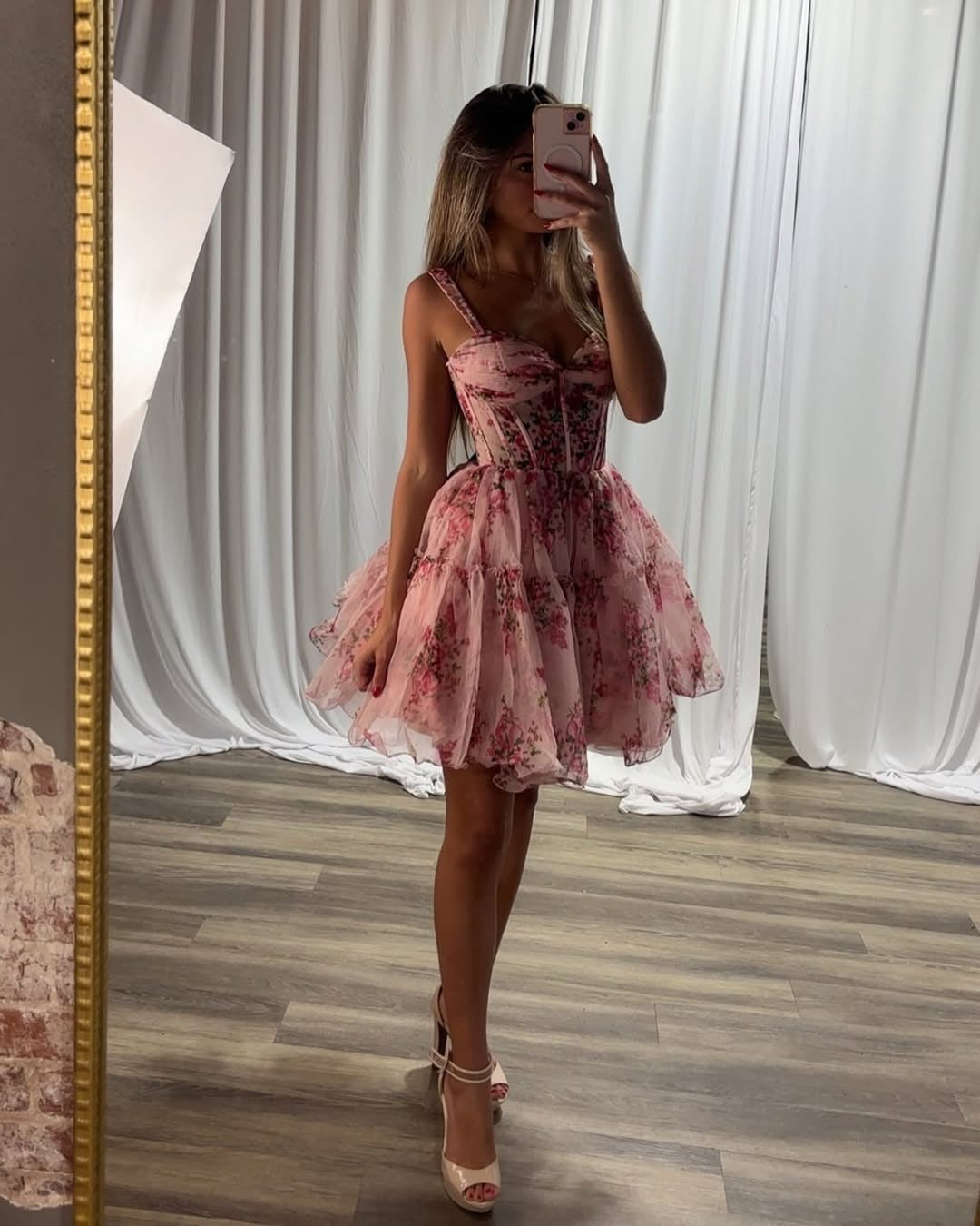 A Line Tulle Floral Print Homecoming Dresses Corset Sweetheart Party Gowns HE544