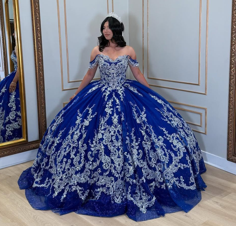 Vestidos de quinceañera con hombros descubiertos, tul princesa, apliques, vestidos de quinceañera HE530