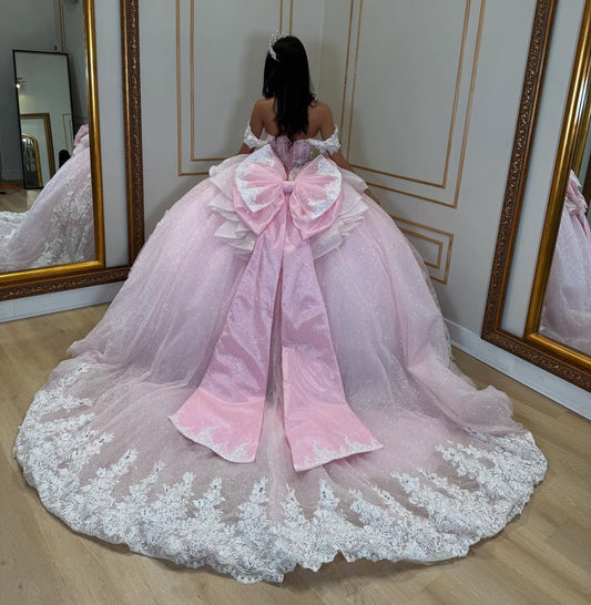 Off Shoulder Tulle Lace Appliqued Sweet 16 Quinceanera Dresses with Bow HE681