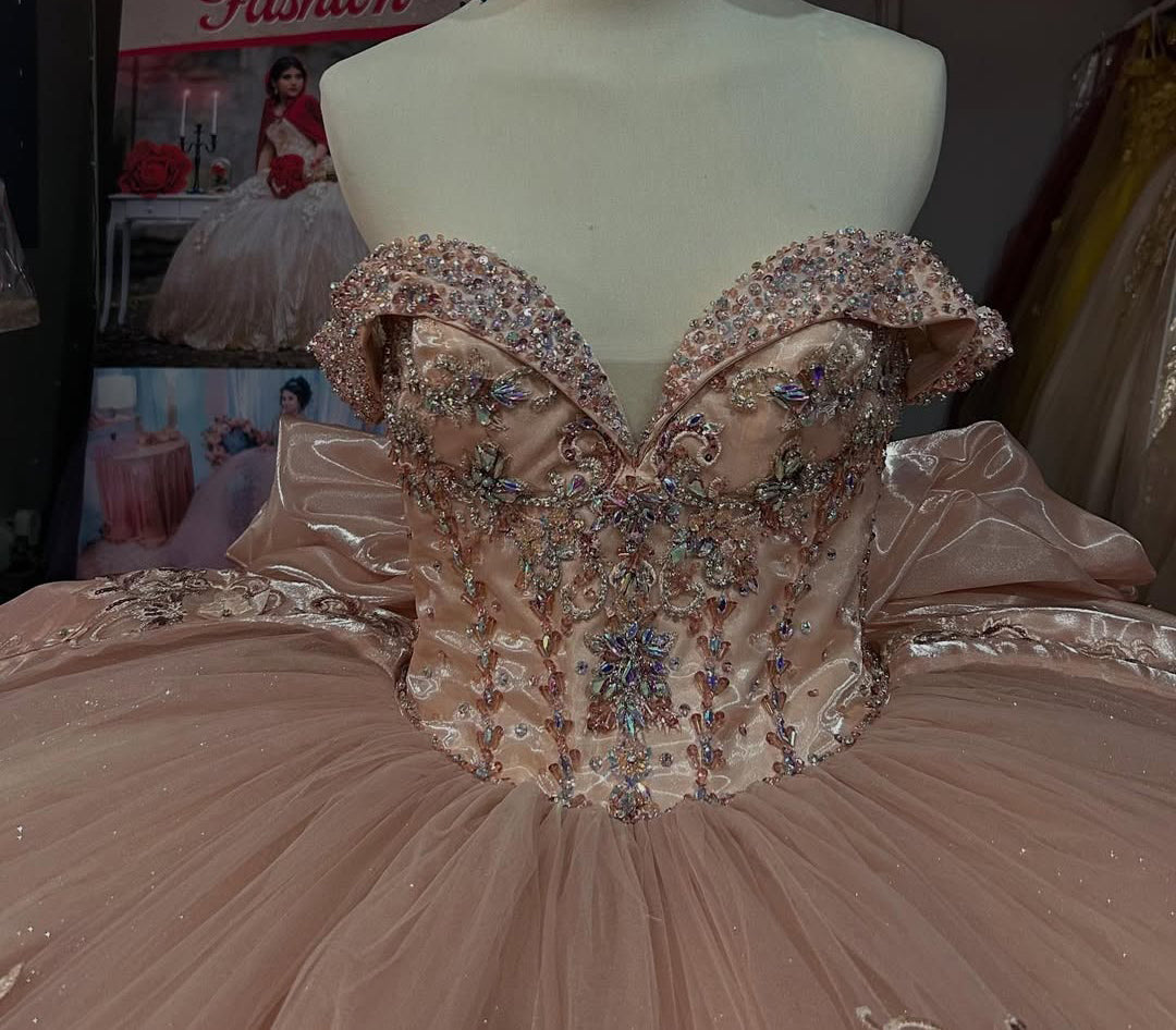 Champagne Ball Gown Tulle Lace Appliqued Glittery Quinceanera Dresses HE809