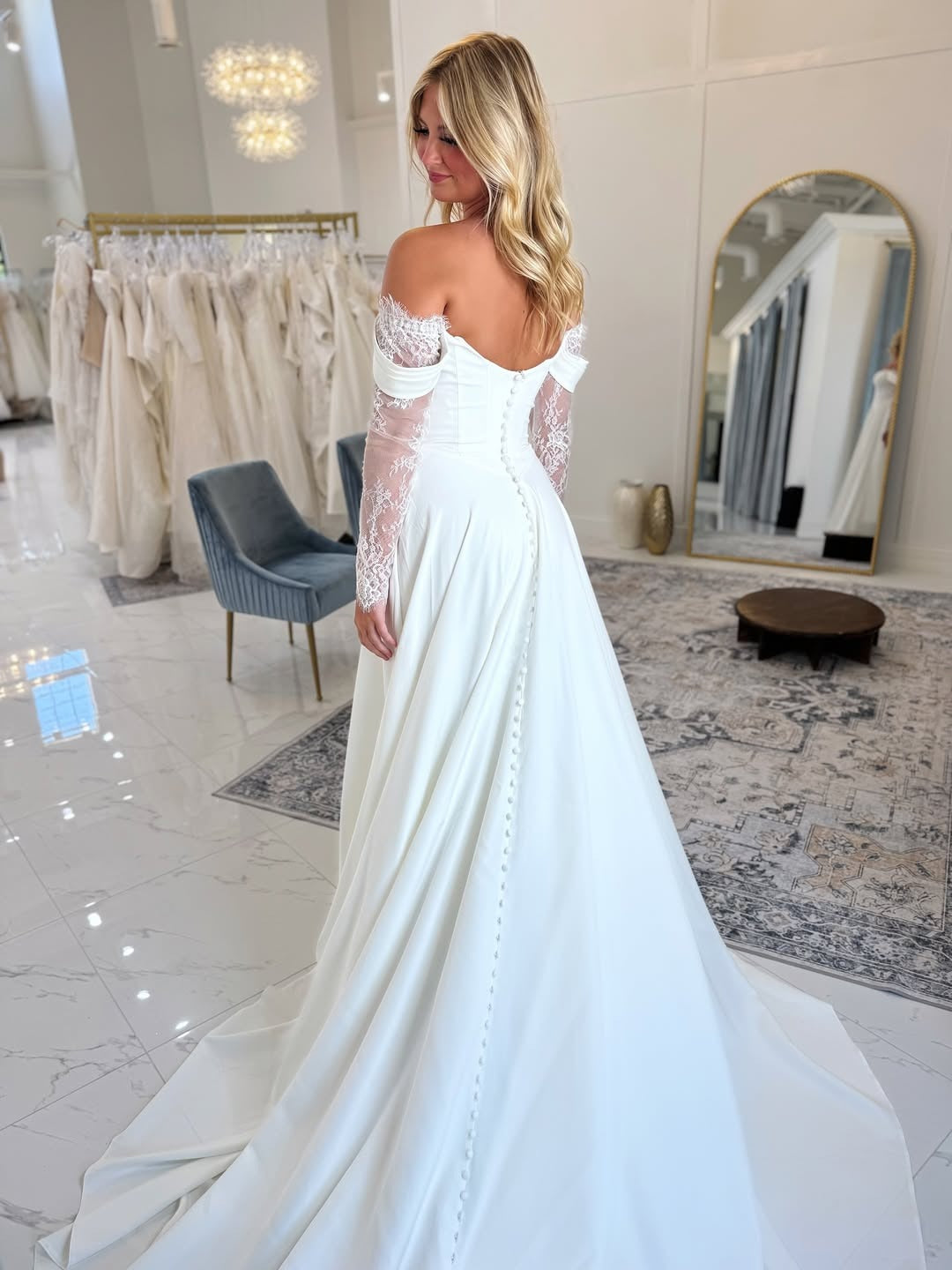 A Line Satin Lace Long Sleeves Beach Wedding Dresses for Bride HE794