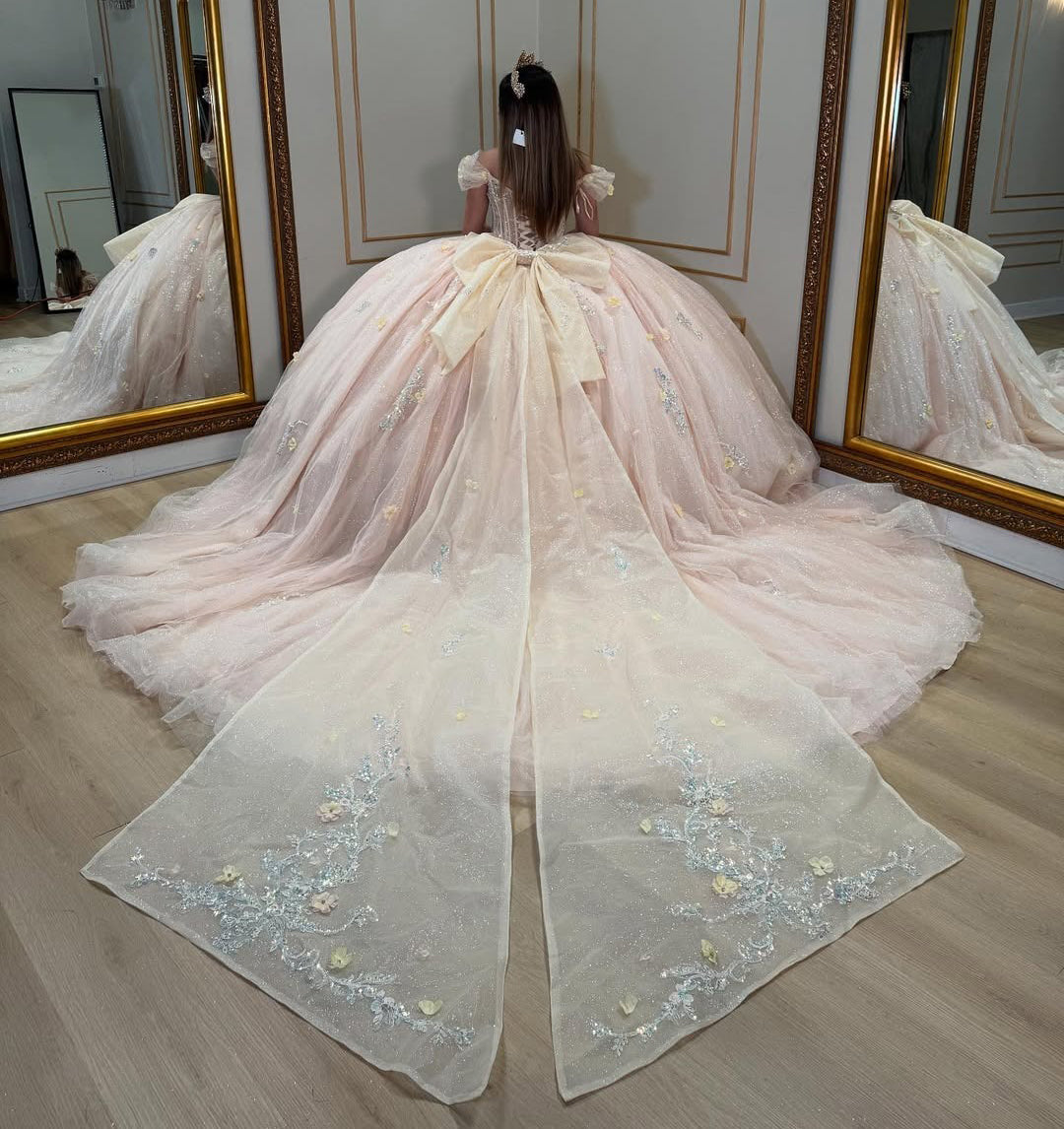 Vestidos de quinceañera con hombros descubiertos, tul princesa, apliques, vestidos de quinceañera HE530