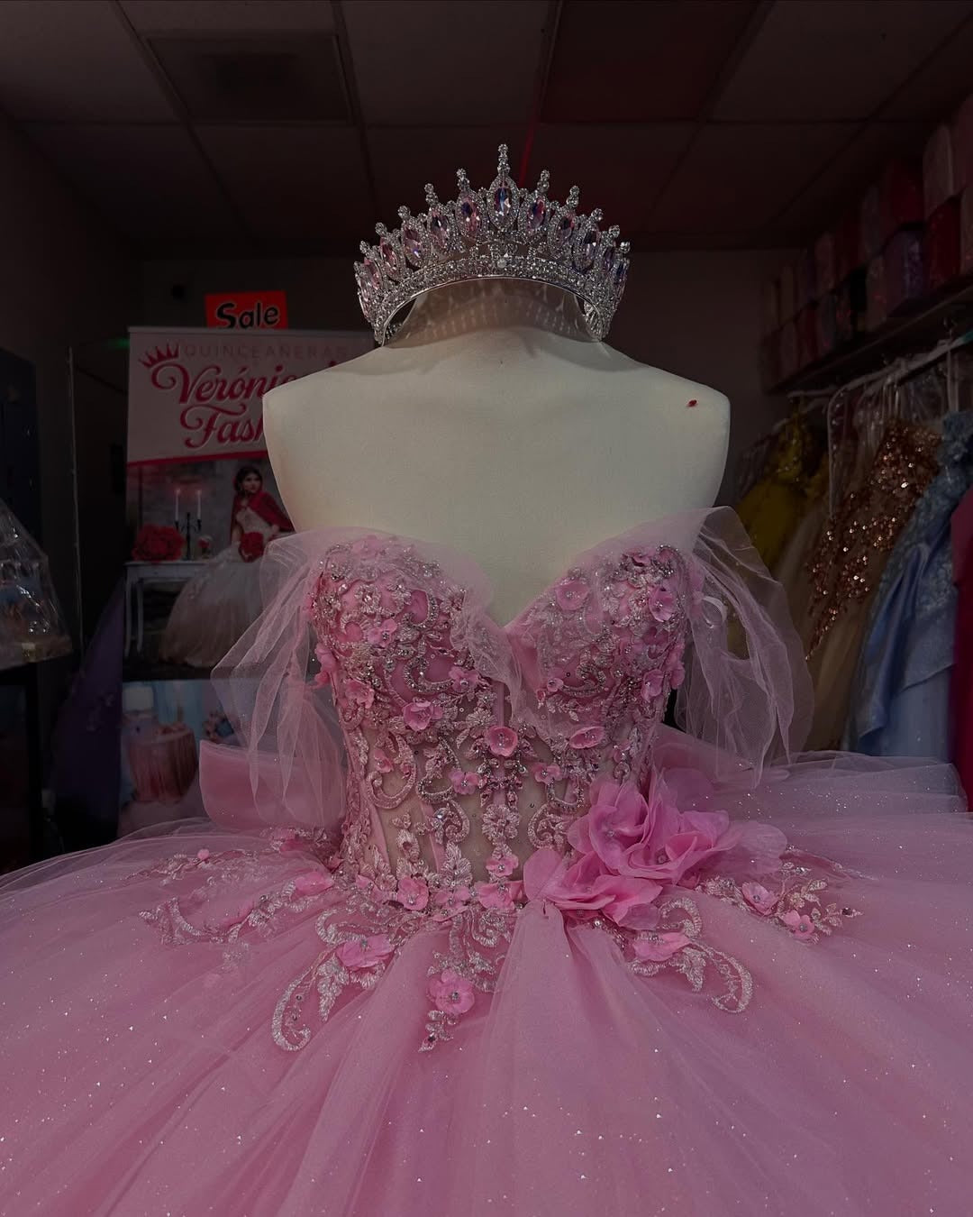Off Shoulder Princess Tulle 3d Flowers Pink Quinceanera Dresses for Sweet 16 HE808