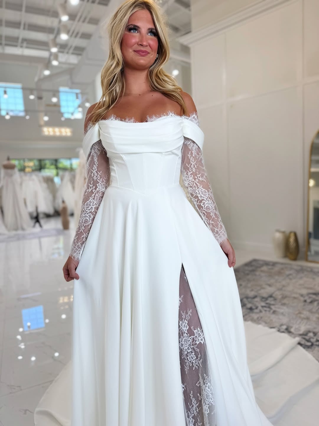 A Line Satin Lace Long Sleeves Beach Wedding Dresses for Bride HE794