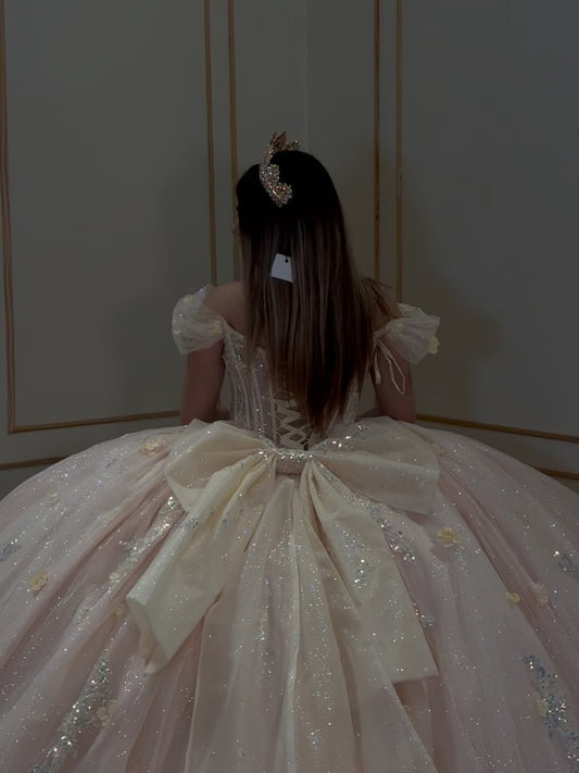 Champagne Tulle Appliqued Beaded Ball Gown Quinceanera Dresses for Sweet 16 HE682