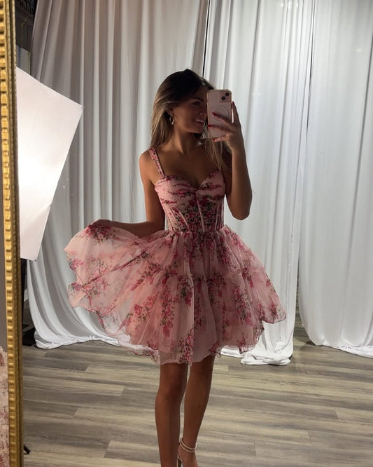 A Line Tulle Floral Print Homecoming Dresses Corset Sweetheart Party Gowns HE544