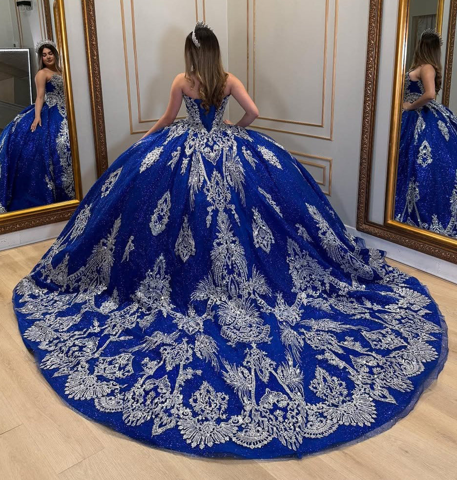 Vestidos de quinceañera con escote corazón, tul, apliques y cuentas, HE529
