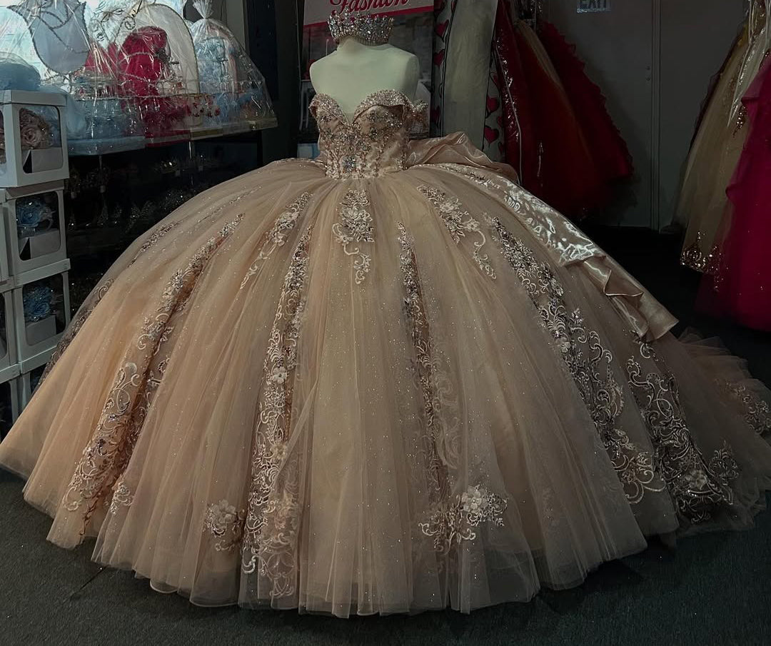 Champagne Ball Gown Tulle Lace Appliqued Glittery Quinceanera Dresses HE809