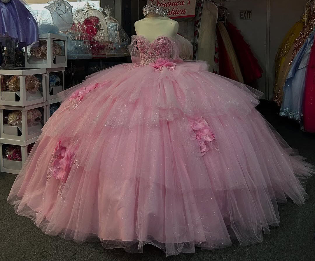 Off Shoulder Princess Tulle 3d Flowers Pink Quinceanera Dresses for Sweet 16 HE808