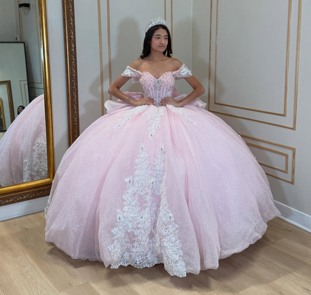 Vestidos de quinceañera con hombros descubiertos, tul princesa, apliques, vestidos de quinceañera HE530