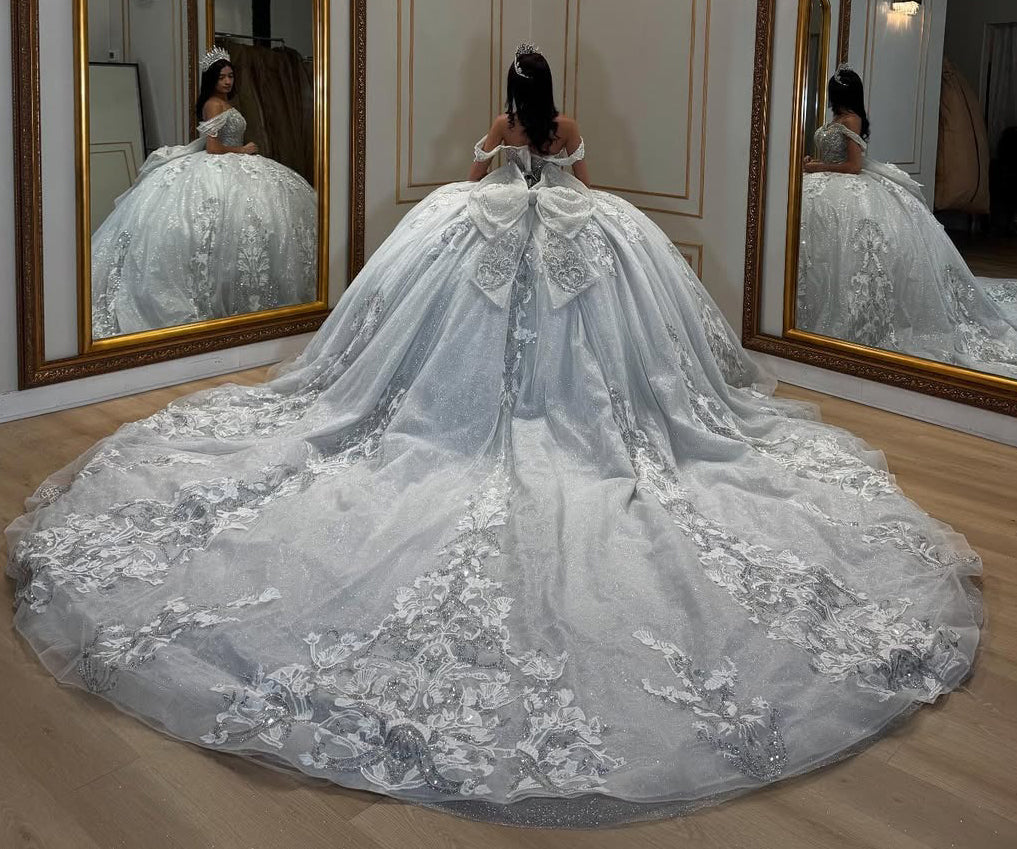 Tulle Lace Appliqued Princess Off Shoulder Quinceanera Dresses for Sweet 16 HE680