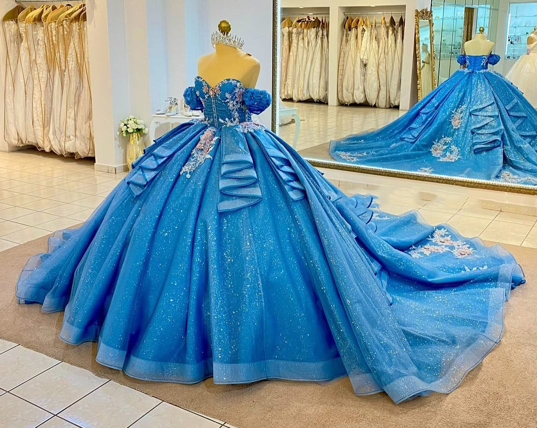 Blue Off Shoulder Glittery Tulle Appliqued Beaded Quinceanera Dress for Sweet 16 HE691
