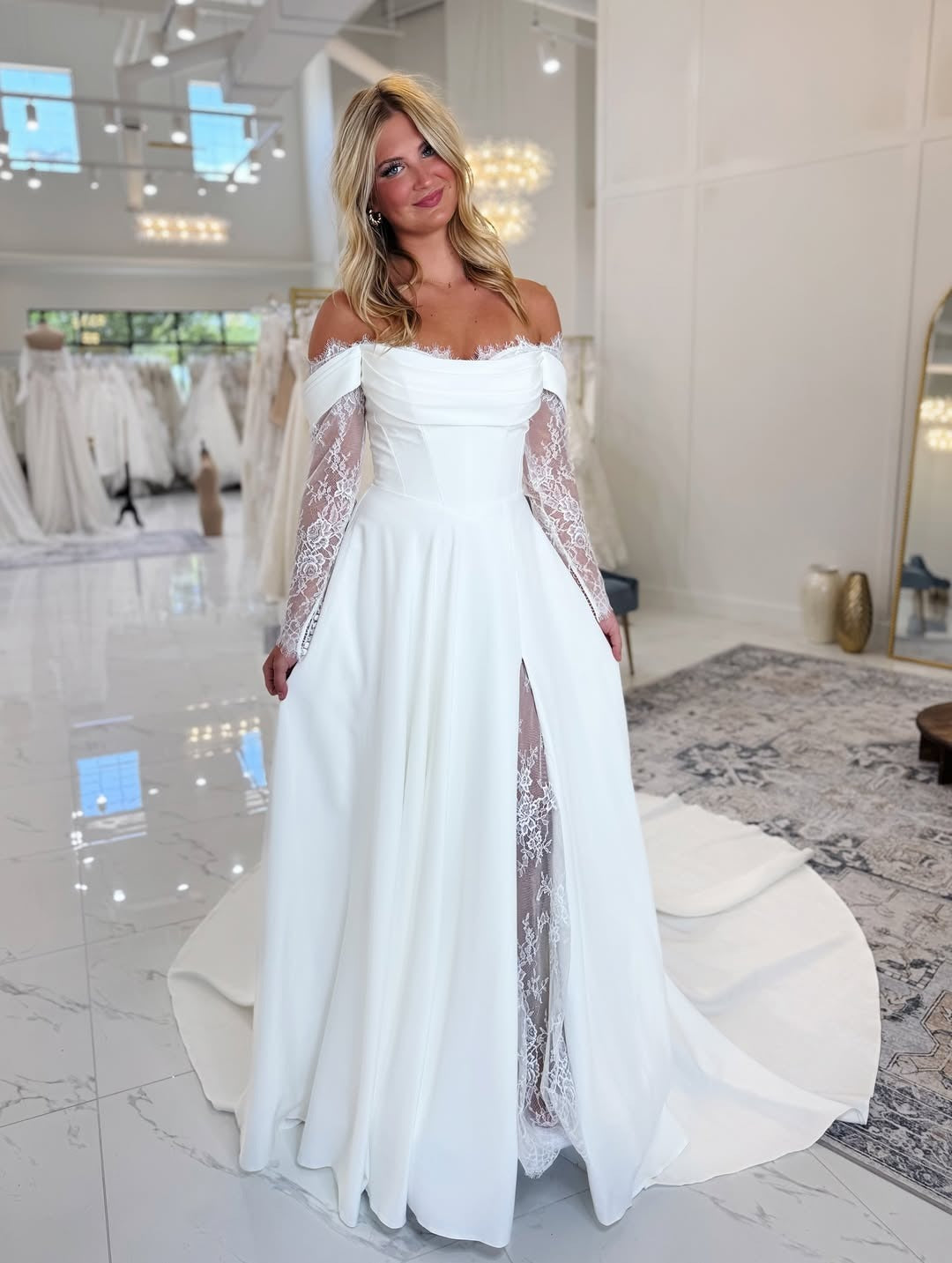 A Line Satin Lace Long Sleeves Beach Wedding Dresses for Bride HE794