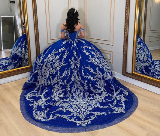 Off Shoulder Quinceanera Dresses Princess Tulle Appliques Sweet 16 Gowns HE530